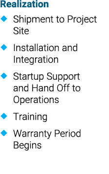 Realization � Shipment to Project Site � Installation and Integration � Startup Support and Hand Off to Operations � ...