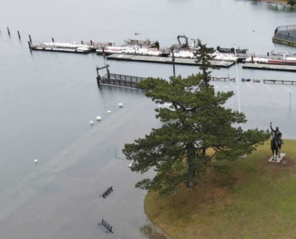 Hingham waterfront shoreline impacted by coastal flooding and storm surge.