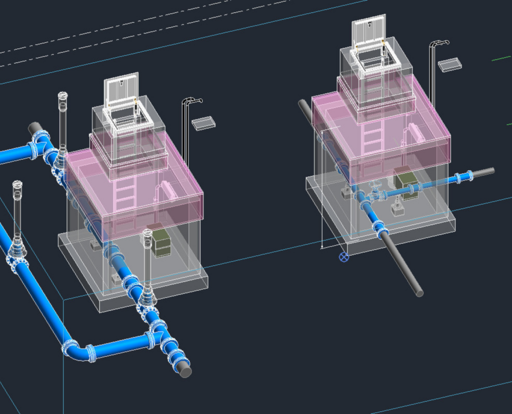 3D rendering of a municipal water system layout.