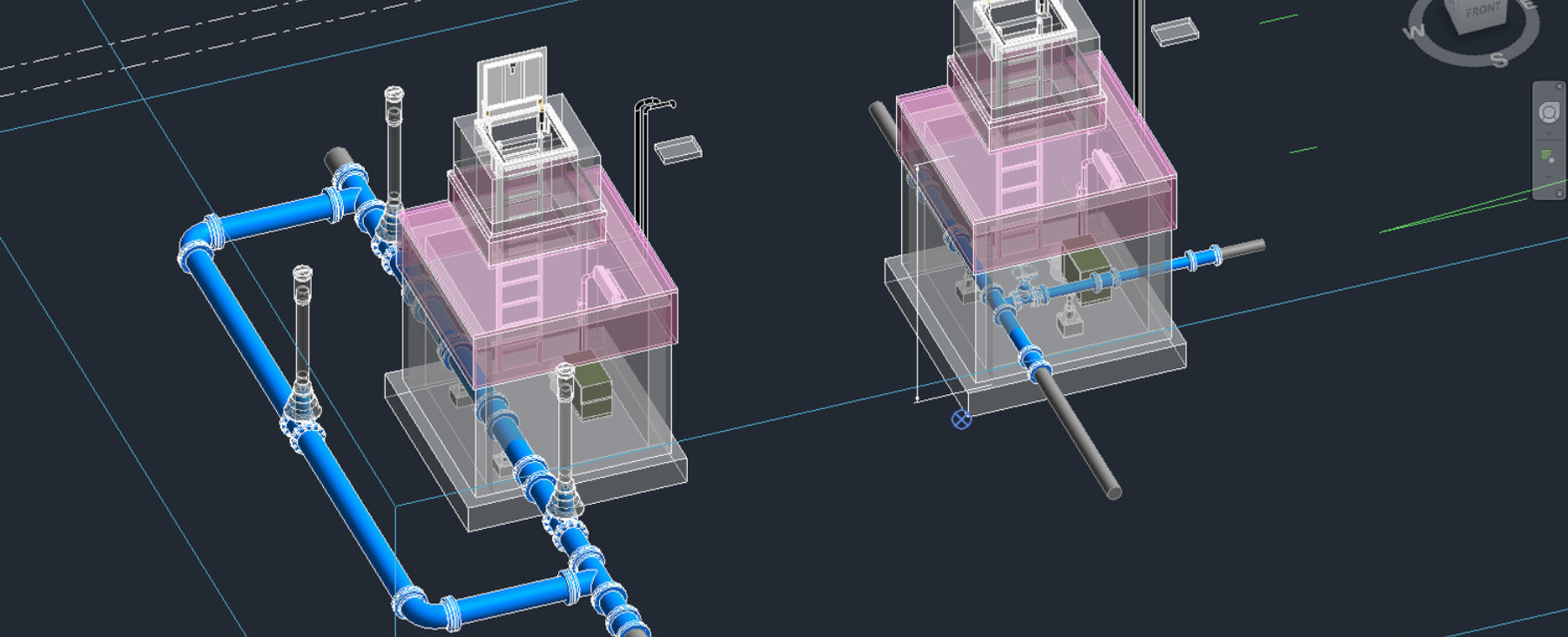 3D rendering of a municipal water system layout.