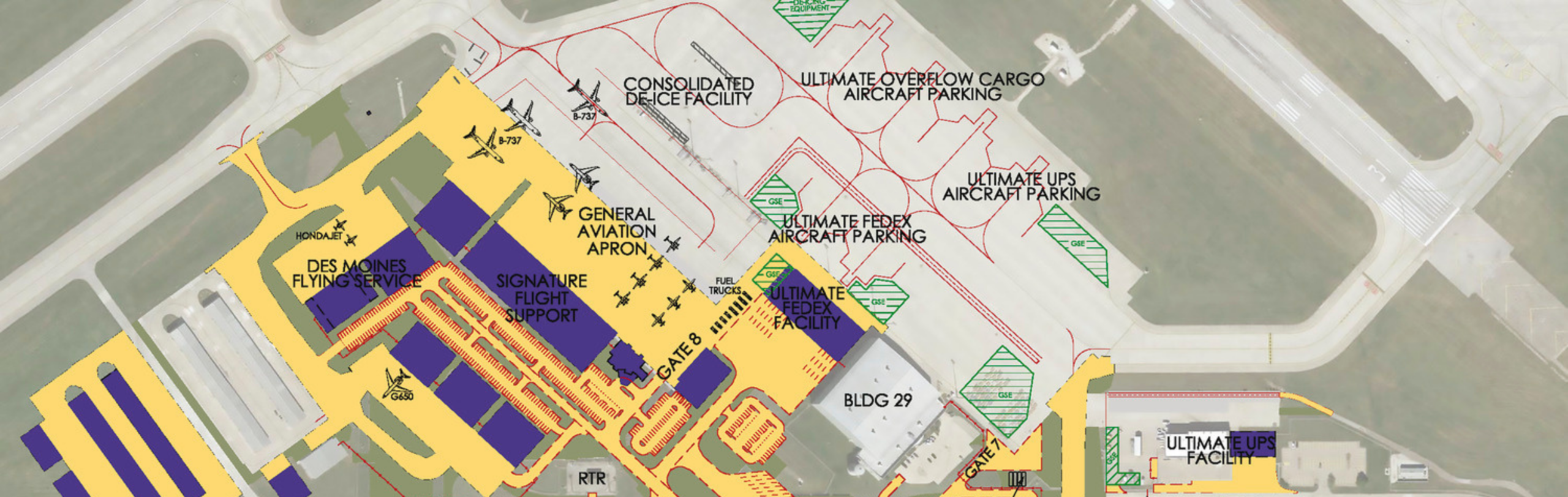 Airport master plan diagram showing future expansion areas, including aprons, hangars, cargo facilities, and aircraft parking zones.