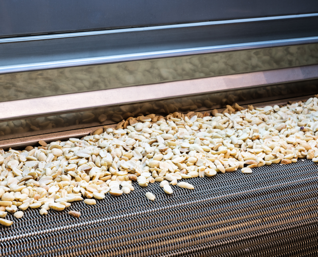 Candied nuts moving along a production line during processing.